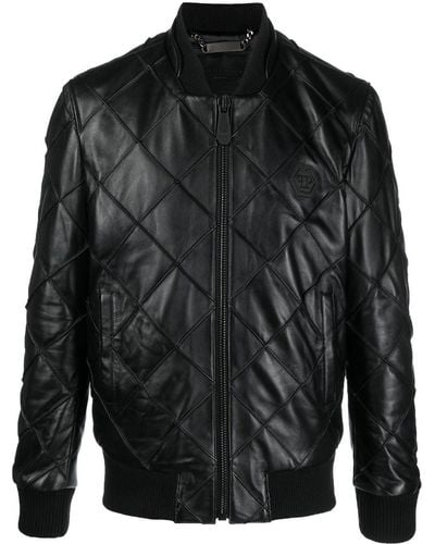 Philipp Plein Quilted Leather Bomber Jacket - Black