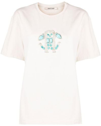 Roberto Cavalli Embellished Logo Stretch-cotton T-shirt - White