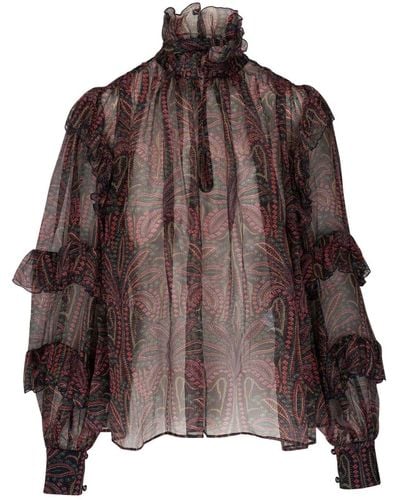 Etro Floral-print Ruffled Silk Blouse - Brown