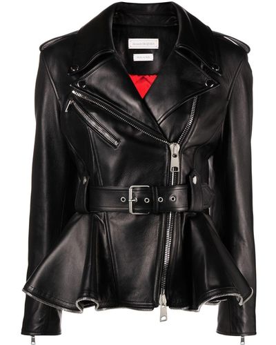 Alexander McQueen Giubbotto biker in pelle nera con cintura rimovibile - Nero