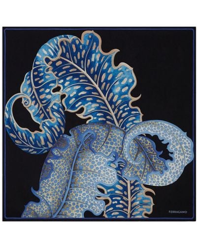Ferragamo Foliageプリント シルクスカーフ - ブルー