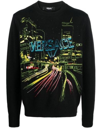 Versace Embroidered-city Lights Sweater - Gray