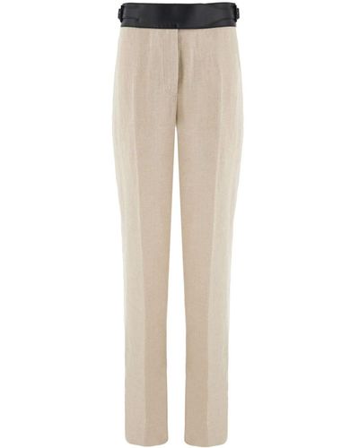 Ferragamo Contrast-belt Tailored Linen Trousers - Natural