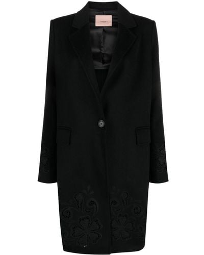 Twin Set Floral-embroidered Single-breasted Coat - Black