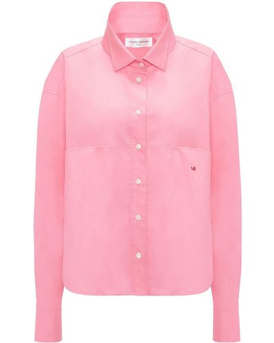 Victoria Beckham Logo-embroidered Poplin-texture Cropped Shirt - Pink