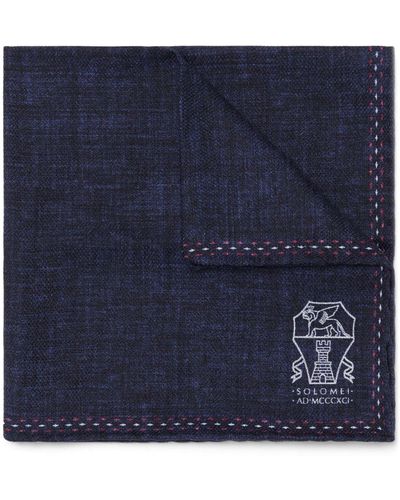 Brunello Cucinelli Carré de poche en soie à logo imprimé - Bleu