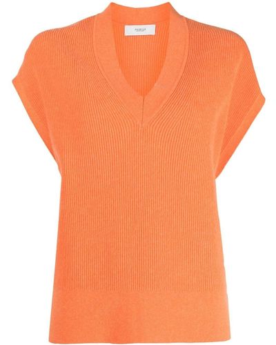Pringle of Scotland V-neck Ribbed Knitted Top - Orange