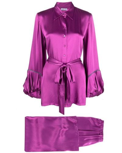 Baruni Satin Ruffle-sleeve Pajama Set - Purple