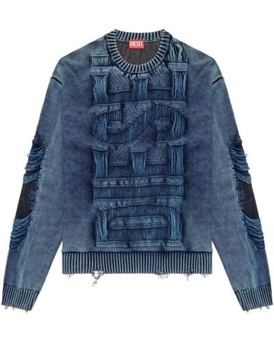 DIESEL Destroyed Sweater With Floating Yarn Logo - Blue