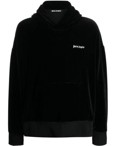 Palm Angels Logo-embroidered Velour Hoodie - Black