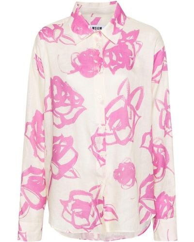 MSGM Floral Linen Chambray Shirt - Pink