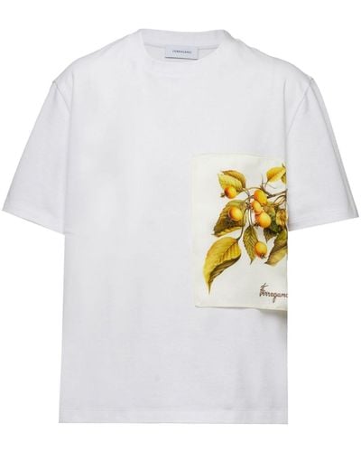 Ferragamo Damen Kurzärmliges T-Shirt mit Botanik-Print - Weiß