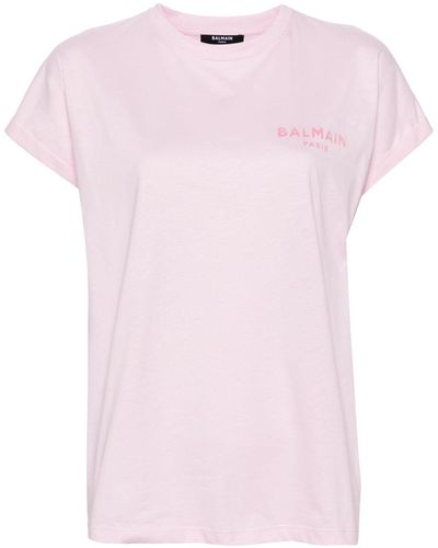 Balmain Flocked Logo Cotton T-shirt - Pink