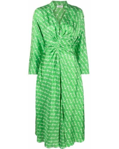 Sandro Eliana Anchor-print Draped Silk Midi Dress - Green
