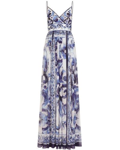 Dolce & Gabbana Robe longue en soie à imprimé Majolica - Bleu