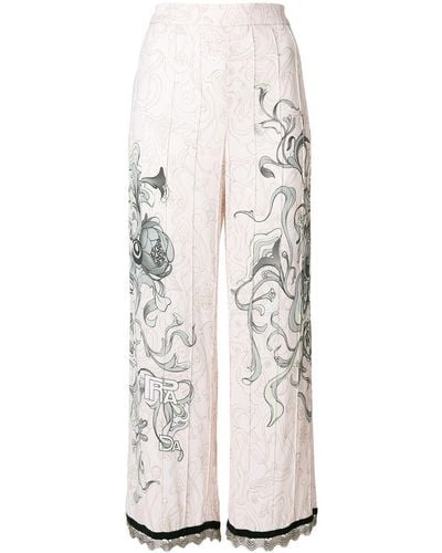 Prada Pantalone sablè ampio con stampa peonia e fondo metal - Rosa