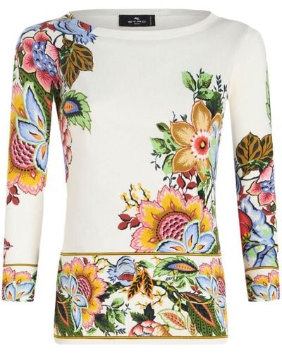 Etro Floral-Print Silk Blend Sweater - Gray