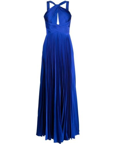 Marchesa Pleated Halterneck Maxi Dress - Blue