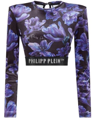 Philipp Plein Logo-embellished Floral-print Top - Blue