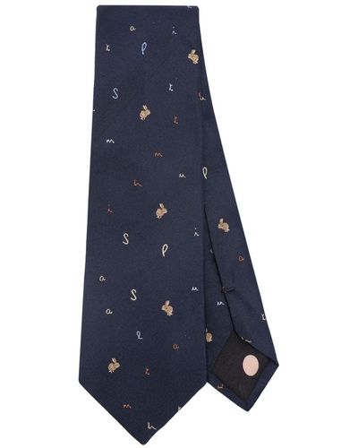 Paul Smith Rabbit-embroidered Silk Tie - Blue