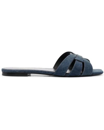 Saint Laurent Tribute Denim Slides - Blue