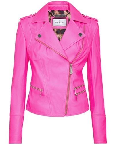 Philipp Plein Leather Biker Jacket - Pink
