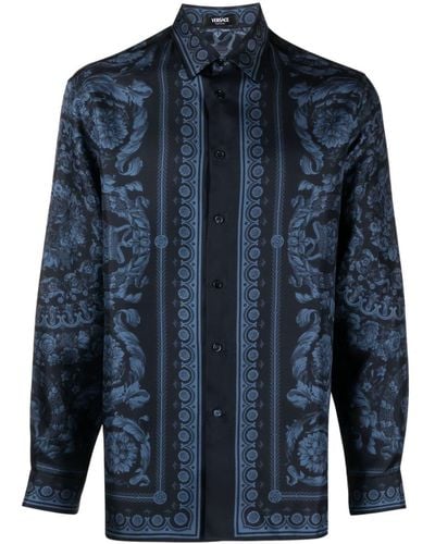 Versace Hemd aus Seide mit Barocco-Print - Blau