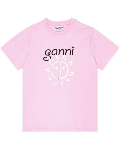 Ganni T-shirt en coton biologique à logo imprimé - Rose