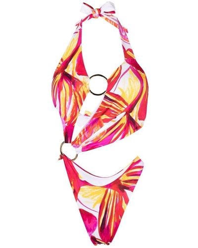 Louisa Ballou Printed Asymmetric Cut-out Swimsuit - Red