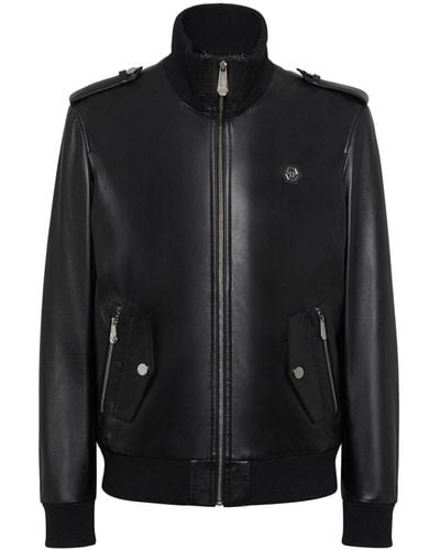 Philipp Plein Logo-appliqué Leather Jacket - Black