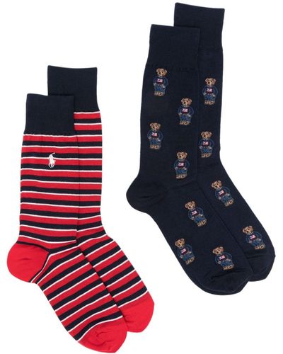 Polo Ralph Lauren Embroidered-logo Socks (pack Of Two) - Blue