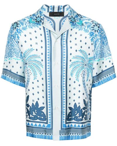 Amiri Camp-collar Printed Silk-twill Shirt - Blue