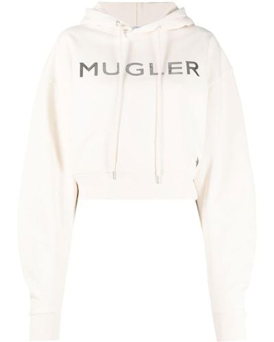Mugler Metallic-logo Cropped Hoodie - Natural