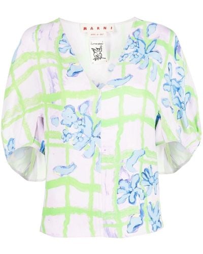 Marni Floral-print Short-sleeve Blouse - Blue