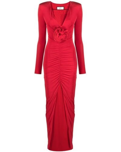 Nissa Floral-appliqué Ruched Maxi Dress - Red