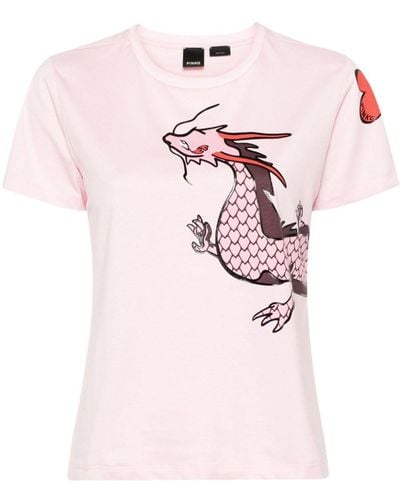 Pinko Quentin Cotton T-Shirt With Dragon Print - Pink