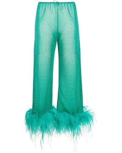 Oséree Pantalones metalizados con ribete de plumas - Verde
