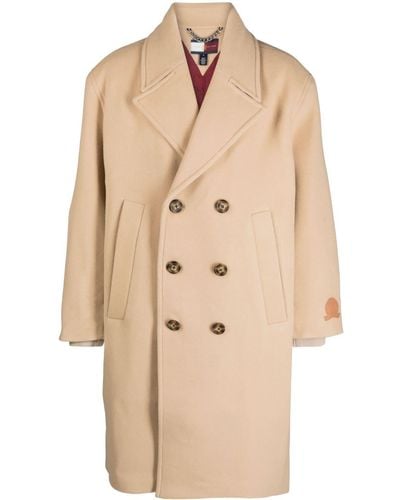 Tommy Hilfiger Logo-patch Double-breasted Coat - Natural