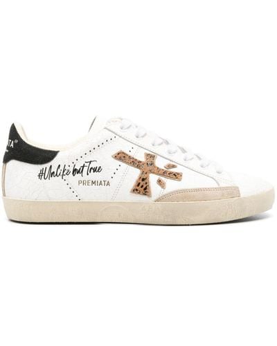 Premiata Leder-sneakers mit gehämmerter oberfläche und leopardenmuster-detail - Weiß