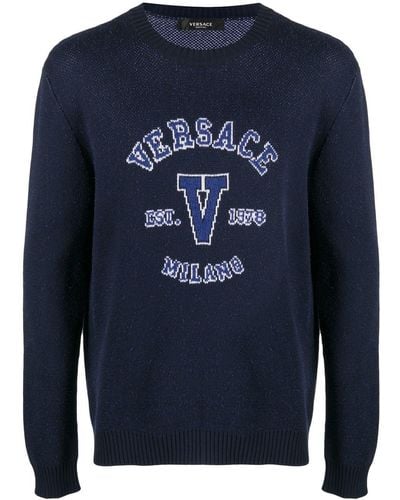 Versace Pull à logo intarsia - Bleu