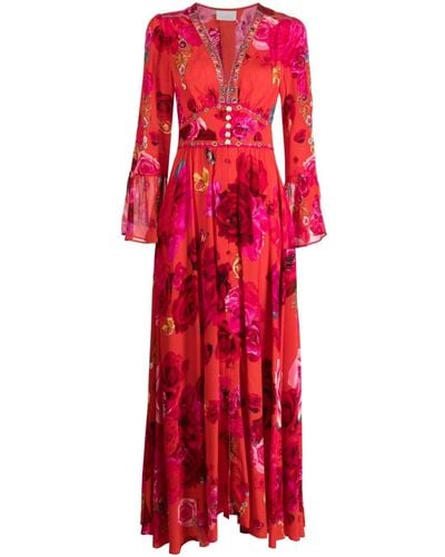 Camilla Vestido largo de seda floral adornado - Rojo