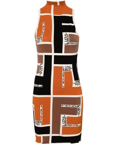 Fendi Colour-block High-neck Minidress - Orange