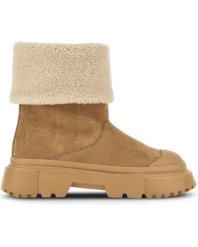 Hogan Fleece-trim Leather Ankle Boots - Natural