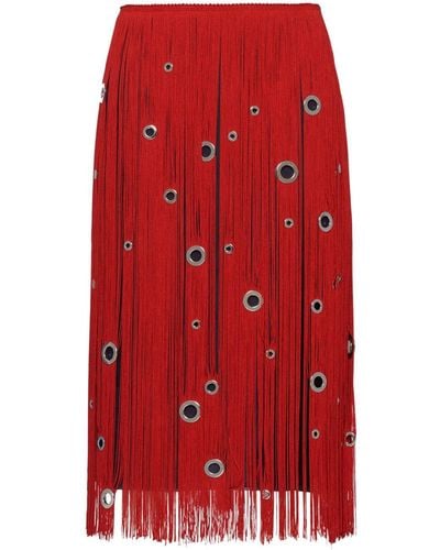 Prada Eyelet-embellished Fringe Skirt - Red