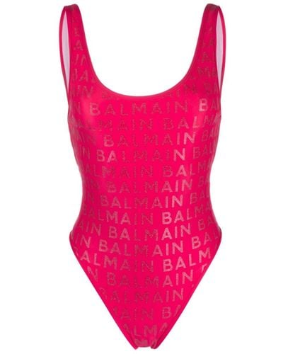 Balmain Logo-print Scoop-neck Swimsuit - Pink