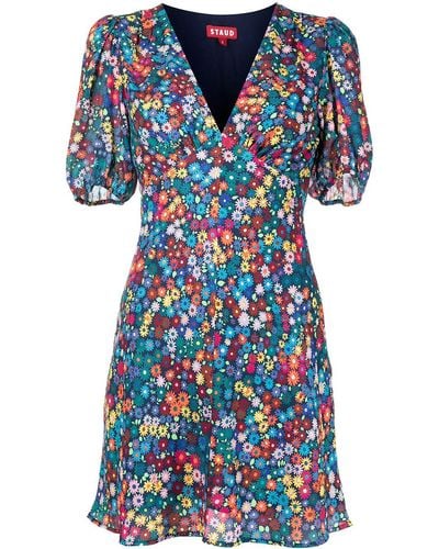 STAUD Milla Floral-print Mini Dress - Blue