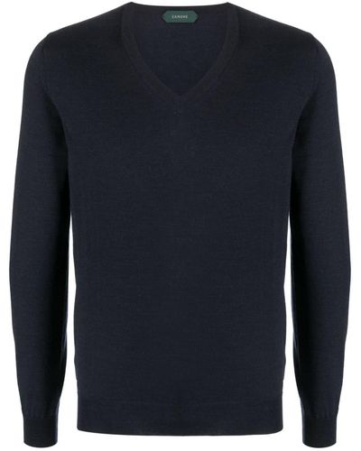 Zanone Ribbed V-neck Virgin-wool Sweater - Blue