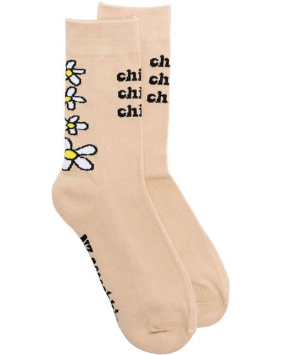 Natasha Zinko Slogan Floral-knit Socks - Natural