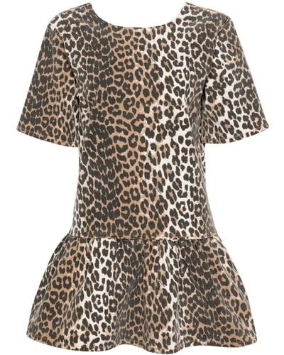 Ganni Leopard-print Peplum-hem Mini Dress - Black