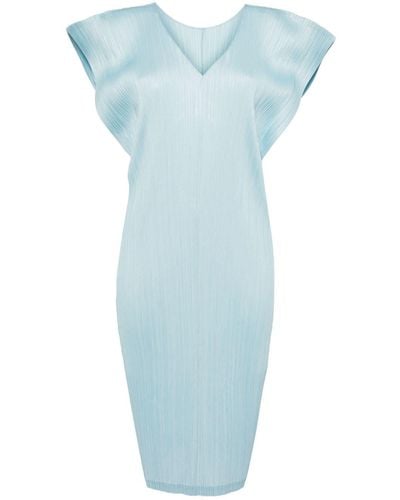 Pleats Please Issey Miyake Robe mi-longue plissée à col v - Bleu